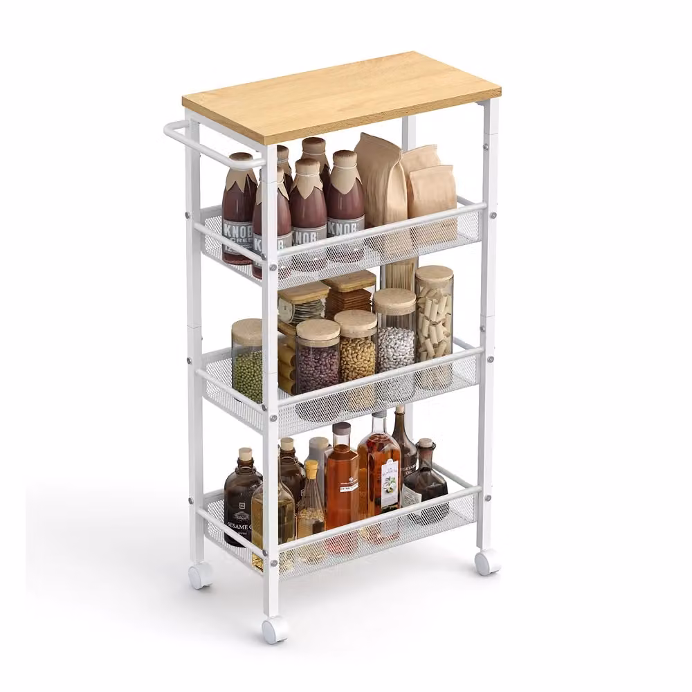 Carrello Carrello Cucina con Ruote Struttura in Acciaio Maniglia, Rovere + Bianco