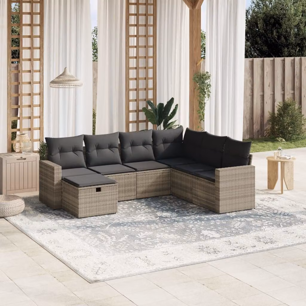 Set di Divani da Giardino vidaXL 7 Pezzi a Forma di L con Cuscini Grigio Moderno in Polyrattan e Metallo – 1