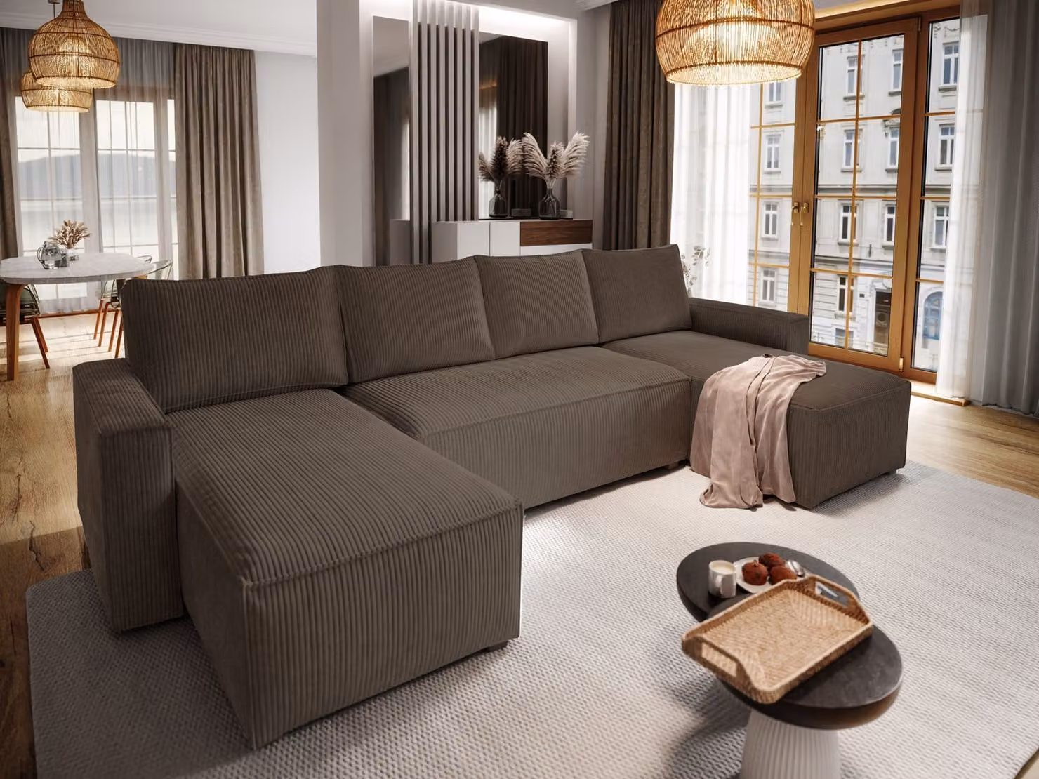Divano angolare Masseno ASPRA con funzione letto a U, divano con box letto, divano da salotto, divano, divano, divano letto, set di divani - marrone, POSO 06