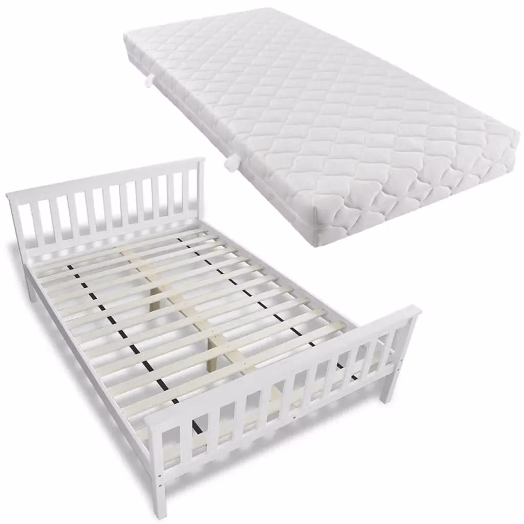 vidaXL Letto in Legno di Pino Massello Bianco con Materasso in Schiuma L/P/H: 140 x 200 cm – 2