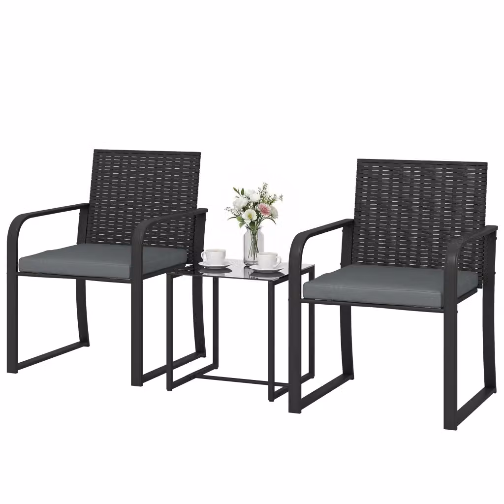 Set da Giardino Minimal in Polyrattan Grigio con Tavolo in Vetro e 2 Sedie – 2