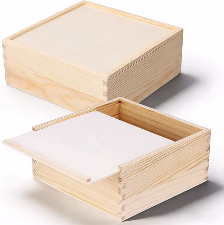 Contenitore in legno con coperchio scorrevole, dimensioni 200x200x80 mm, forma quadrata, ideale per hobby e decorazioni