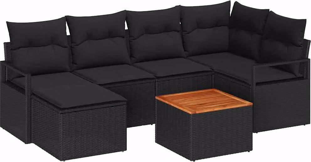 Set Divano da Giardino con cuscino 7 pcs Nero polyrattan