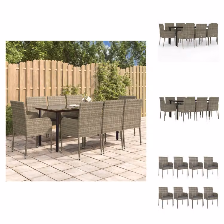 vidaXL set da pranzo da giardino 9 pezzi con cuscini in poly rattan nero e grigio - Set di mobili da giardino
