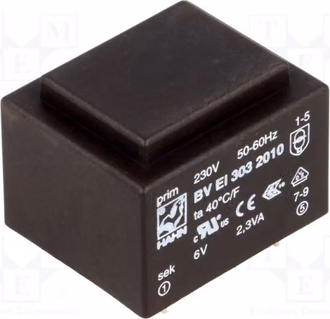 1 trasformatore: rivestito, 230 VAC, 6 V, 2,3 VA, 383 mA. Montaggio: BV EI 303 2010 - Trasformatore