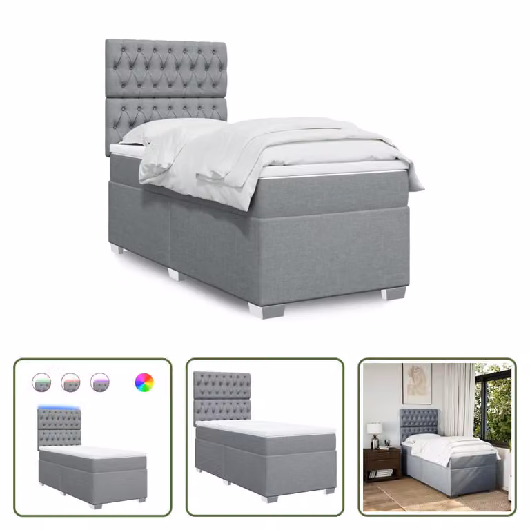 The Living Store Letto a molle con materasso grigio chiaro 90x190 cm in tessuto