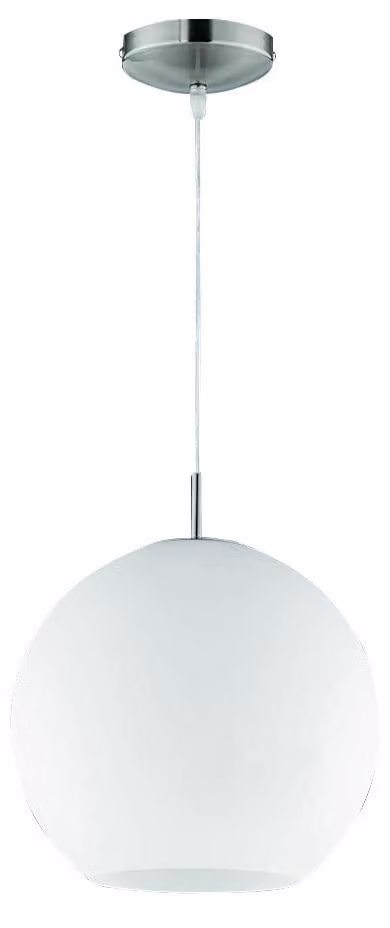 Lampada a sospensione, finitura nickel opaco, vetro bianco opale, diametro 30 cm, attacco E27