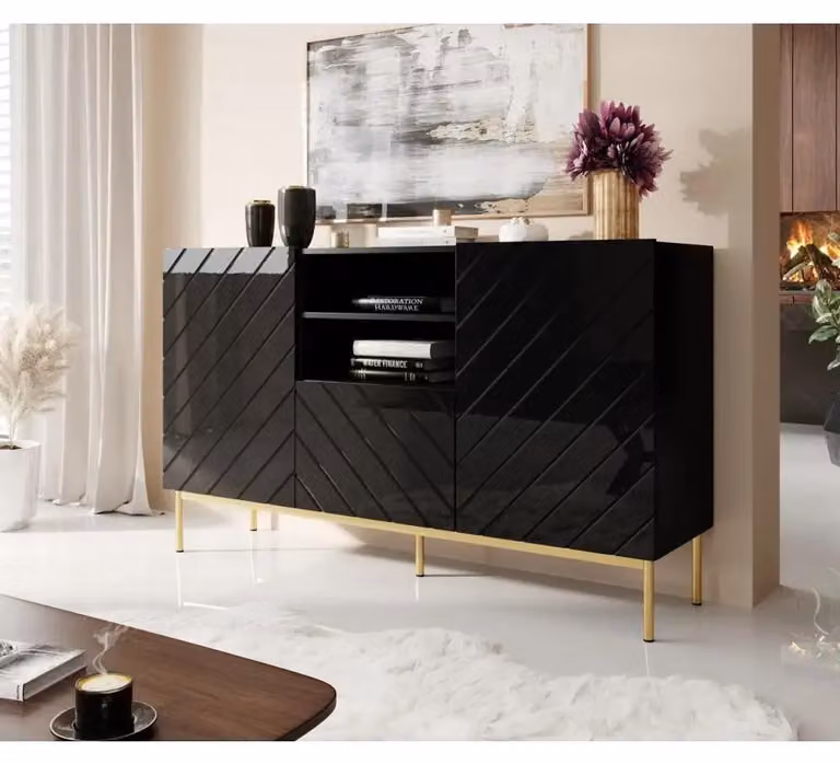 Schermo ABETO su telaio in acciaio dorato 150x42x90 nero/nero lucido