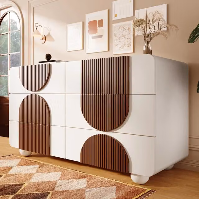 Cassettiera REDOM con 6 cassetti bianca e dettagli in legno L: 121 cm, P: 41 cm, H: 71 cm
