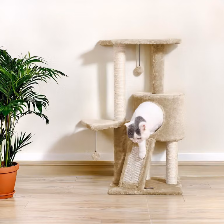 Albero per gatti in sisal naturale, con cuccia e rampa per graffiare, altezza 83,5 cm, ideale per gatti