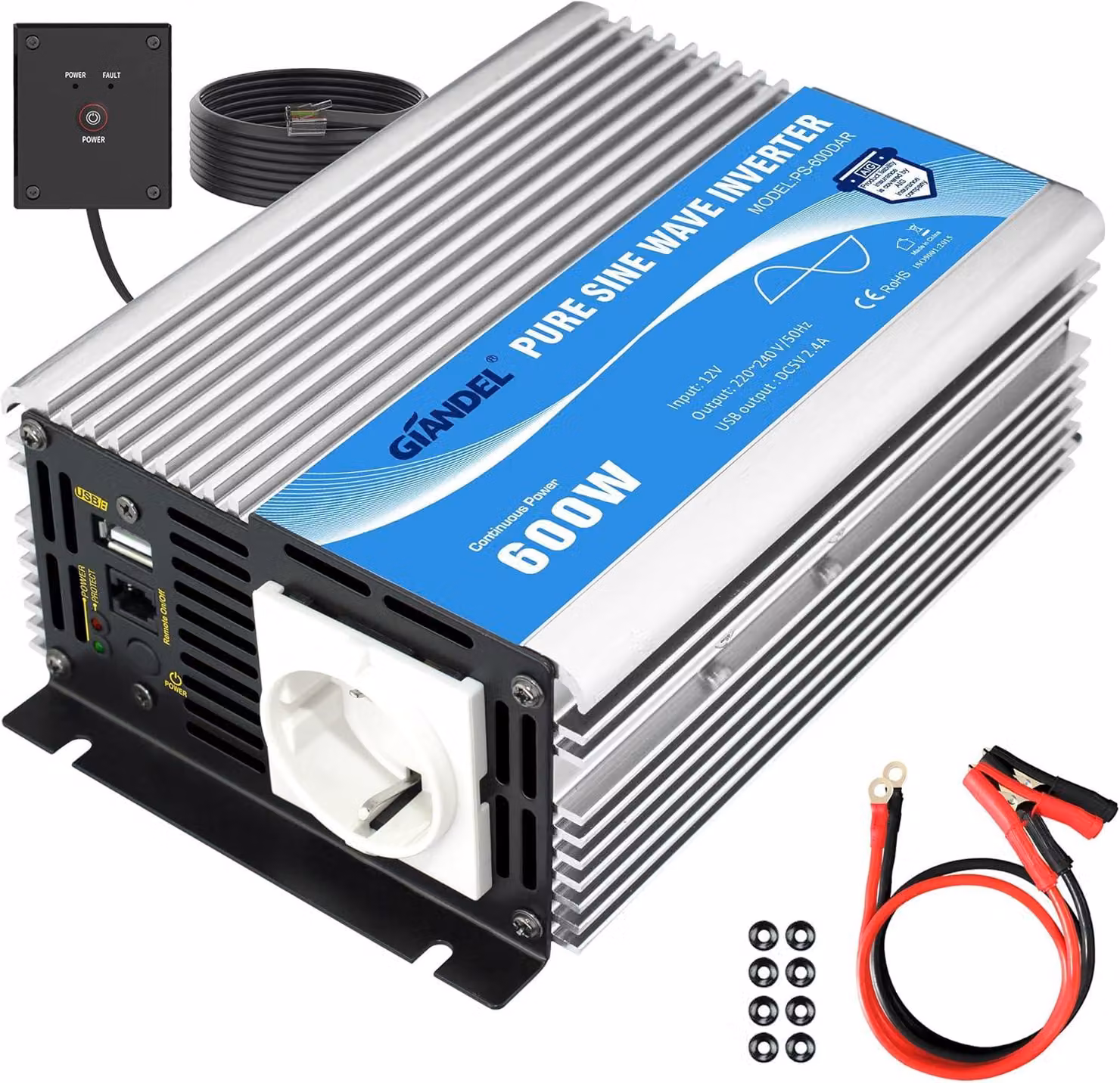 Convertitore da 600 W, onda sinusoidale pura, convertitore di tensione da 12 V a 230 V, con telecomando e porta USB per laptop, fotocamera e dispositivi smart