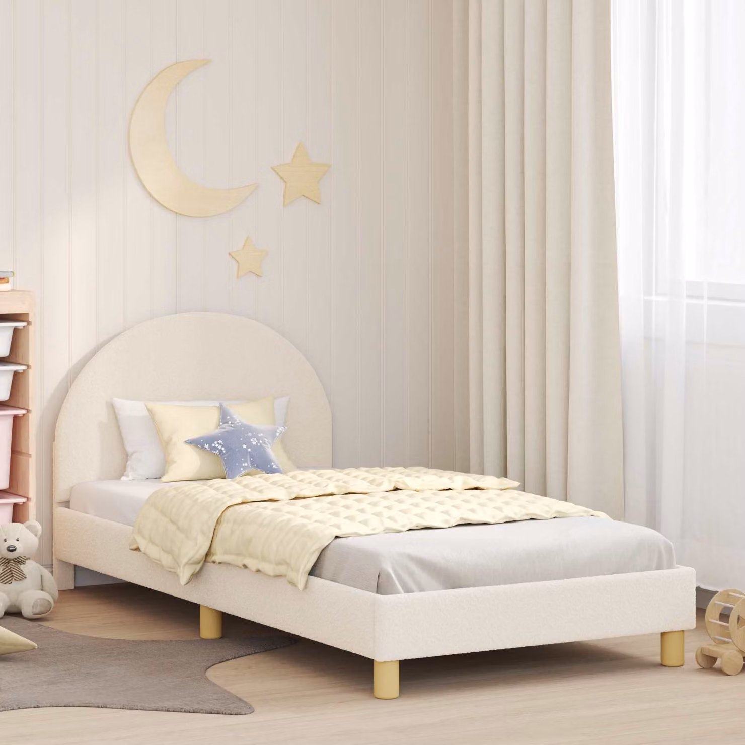 Struttura letto per bambini vidaXL con testata in tessuto bouclé beige, L 80 cm x P 200 cm