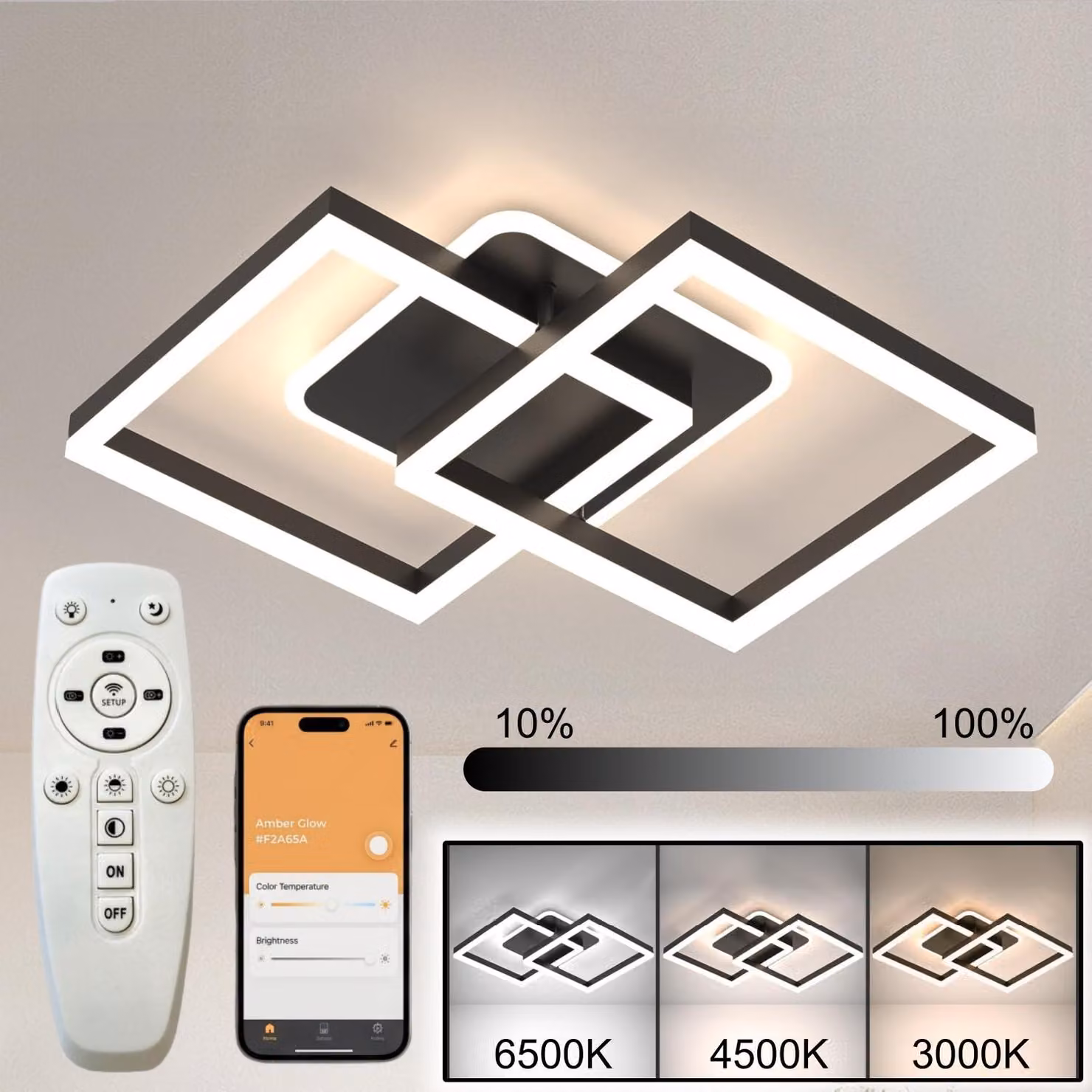 Lampada da soffitto a LED, nera, 65 cm, moderna lampada di design da 76W, controllabile tramite app e telecomando, dimmeraggio continuo da 3000 a 6500K, funzione di memoria, luce notturna, timer