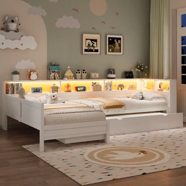 Letto estraibile 3 posti 90×200 cm con 5 ripiani, cassetto, LED regolabile, USB e Type-C, senza materasso, bianco