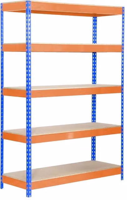 Scaffale in metallo Simon Rack con 5 ripiani, colore blu, arancio e legno, H: 200 cm, L: 100 cm, P: 60 cm