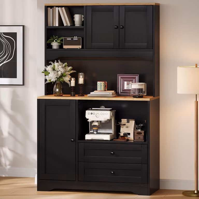 Mobiletto da cucina con illuminazione a LED, prese elettriche, ripiani regolabili, portaspezie, spazio per un microonde, mobiletto alto e pensile, colore nero
