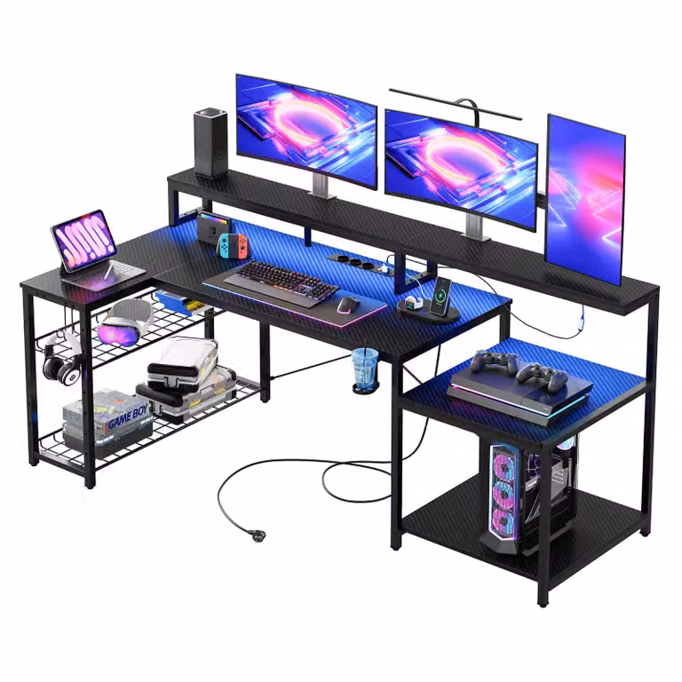 Scrivania per computer Bestier, scrivania da gaming a forma di L con illuminazione a LED, scrivania, presa di corrente e USB - Scrivania angolare 181x80 cm - Fibra di carbonio