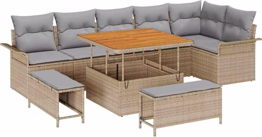 Set Divano da Giardino con cuscino 9 pcs Beige polyrattan