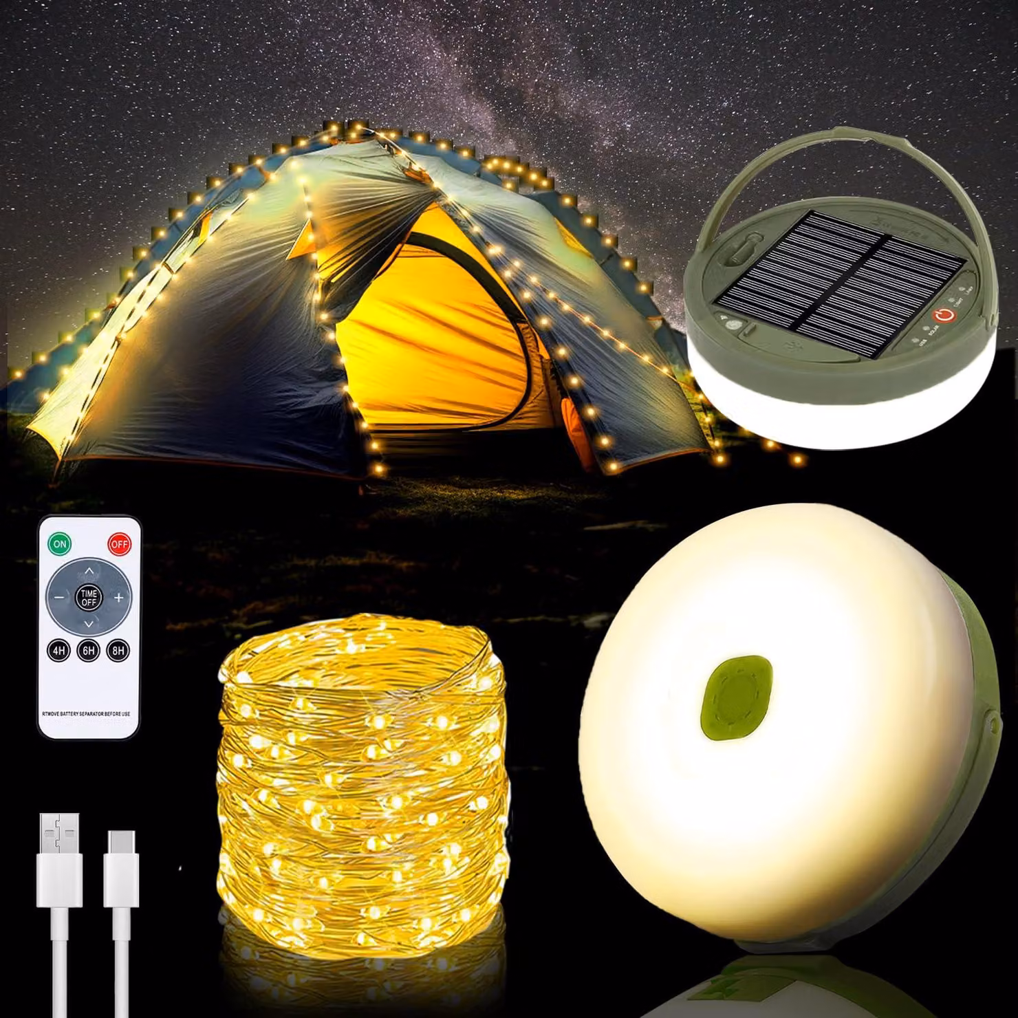 Catena luminosa da campeggio, 10 metri, alimentazione solare e USB, luce bianco caldo, grado di protezione IP67, arrotolabile
