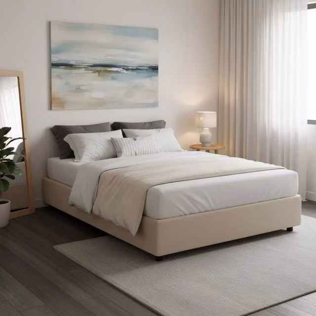 Letto matrimoniale contenitore Arto Talamo Italia con rivestimento in tessuto e materasso incluso, Beige, L/P: 140 x 190 cm