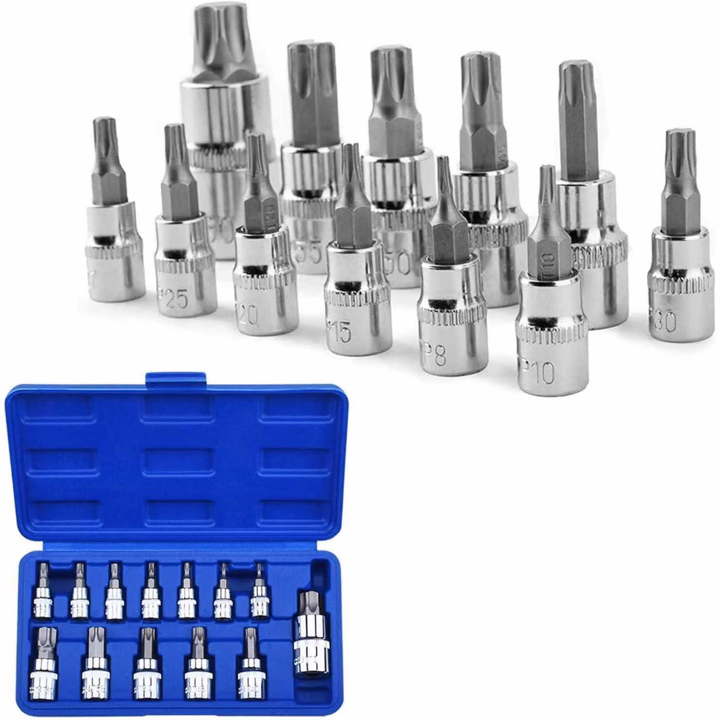 Set di chiavi Torx da 13 pezzi, da T8 a T70, in acciaio S2, con attacchi da 1/4", 3/8" e 1/2", fornito in custodia