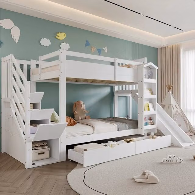 Letto a Castello Bambini con Scivolo, Cassetti e Libreria ¨C MINIMAL ¨C Pino/MDF, Bianco, 90x200