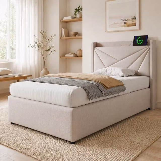 Letto singolo con contenitore 90x200 cm; testiera con USB e Type-C; beige