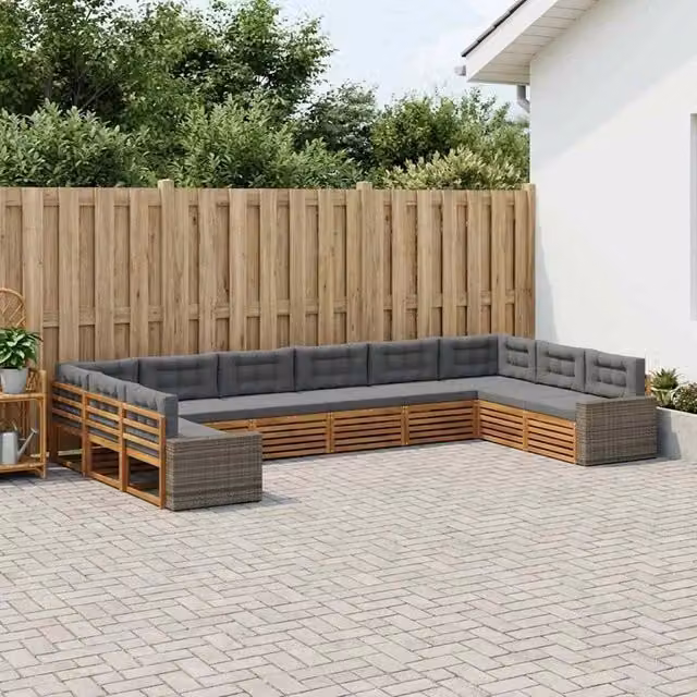 Set di divani da giardino vidaXL in legno di acacia massello con cuscini grigi, 10 pezzi – 1