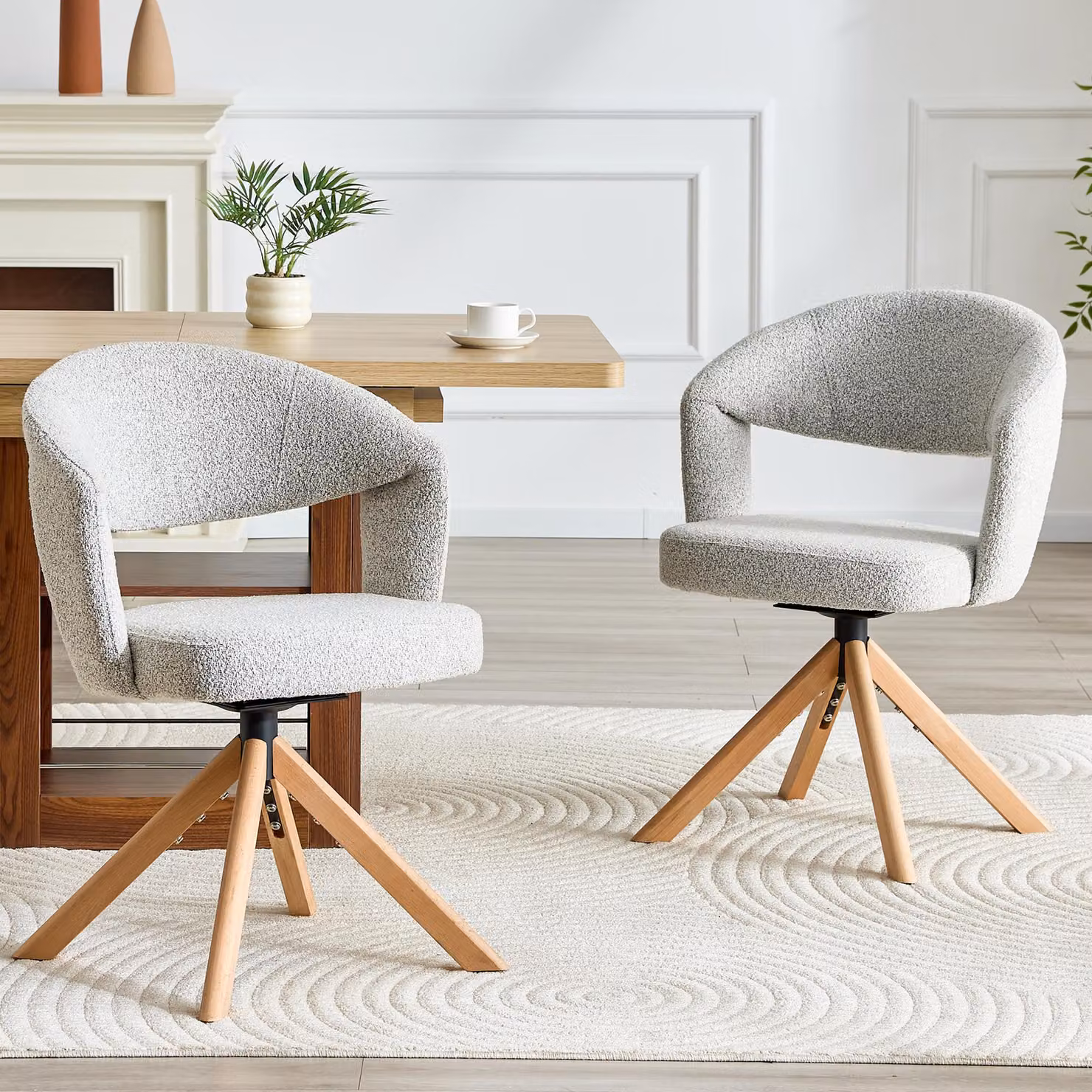 Set di due poltrone girevoli, stile retrò rivestite in tessuto, con gambe in legno massello, altezza 81,5 cm, girevoli a 360°, (grigio chiaro, legno)