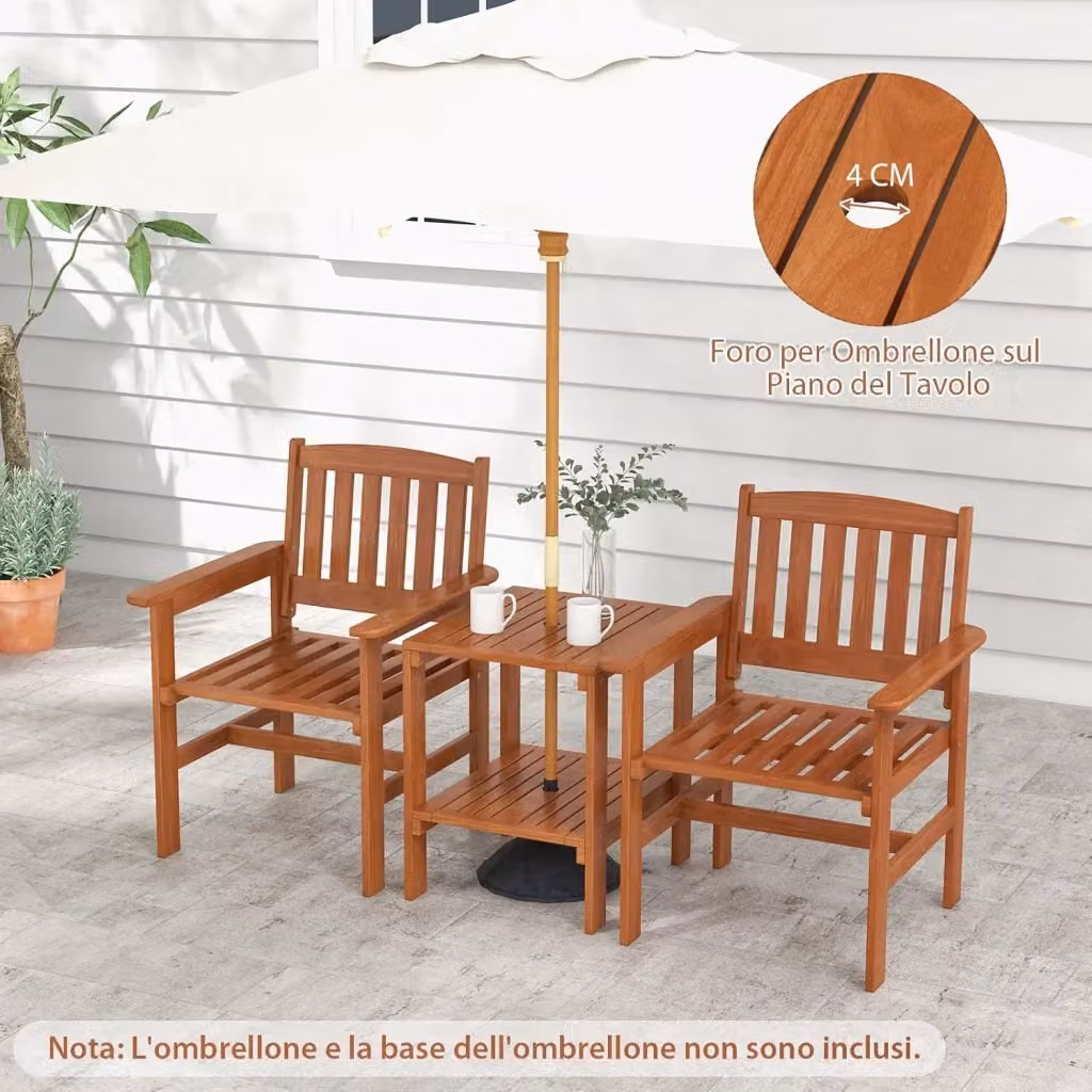 Set da giardino Costway in legno di essenza dura trattato, composto da tavolino quadrato con foro per ombrellone e 2 sedie da esterno, colore marrone – 2