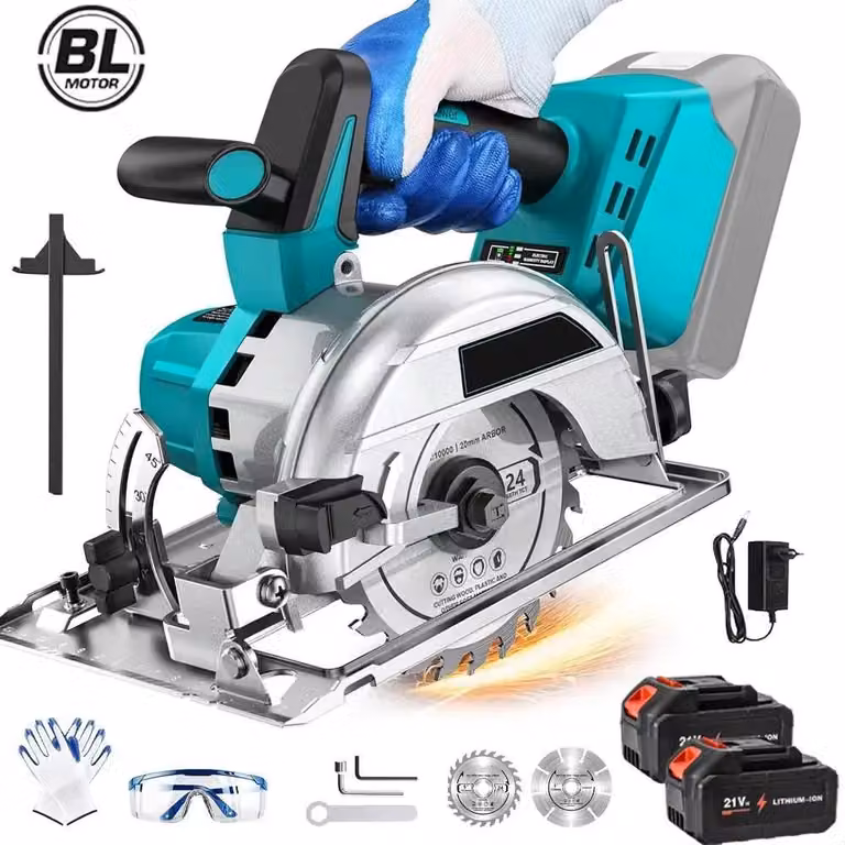 Sega circolare a batteria - 1500 W, motore brushless - Disco da 125 mm, 6000 giri/min - Regolabile per la lavorazione del legno - Con 2 batterie