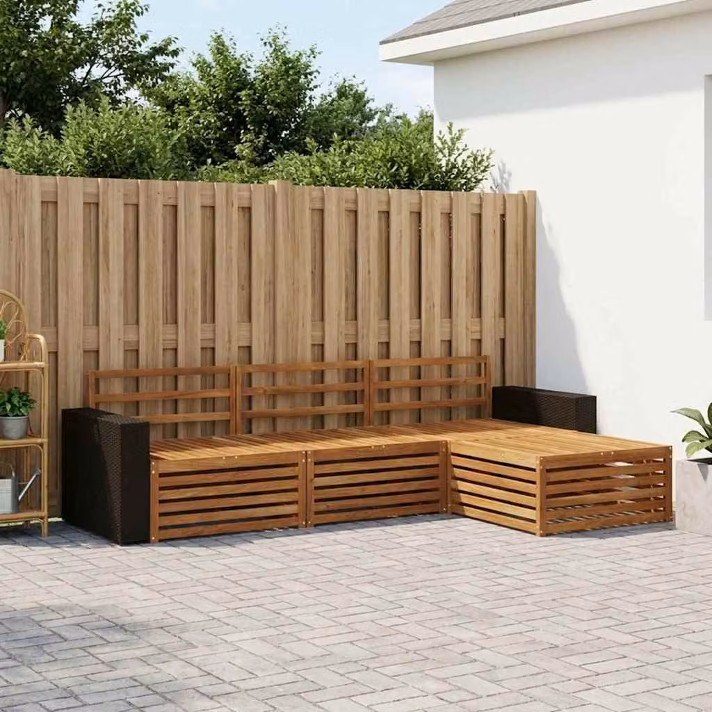 vidaXL Set di divani da esterno a L composto da 4 pezzi in legno di acacia marrone con cuscini inclusi