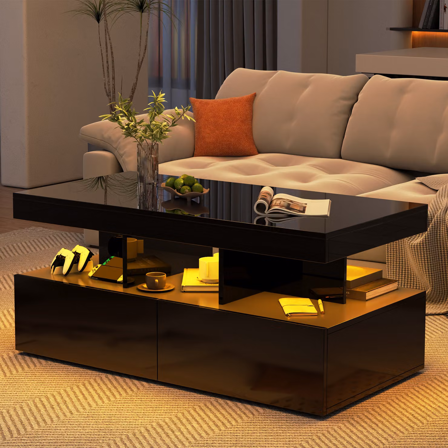 UnboxG Tavolino da salotto lucido con illuminazione a LED e 2 cassetti, 104x53x46 cm - tavolino con vano portaoggetti, cassetto, tavolo da soggiorno, nero