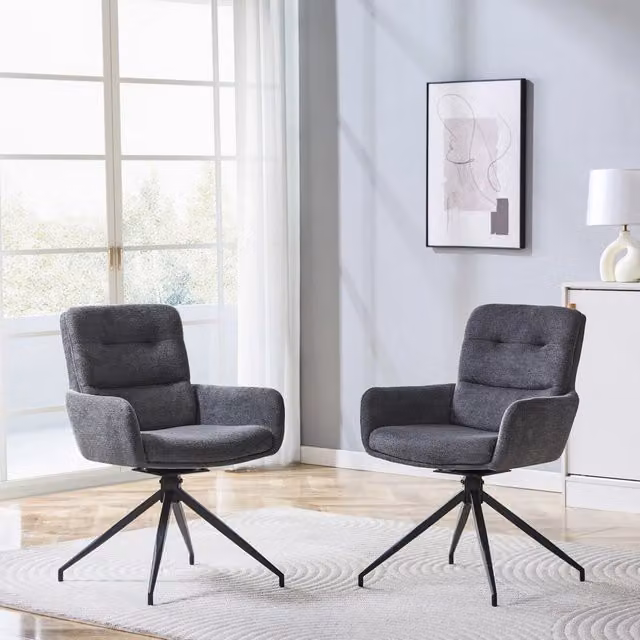 Set di 2 sedie da pranzo girevoli Vovees Living in tessuto lino grigio scuro con gambe in metallo nero, Altezza: 85 cm