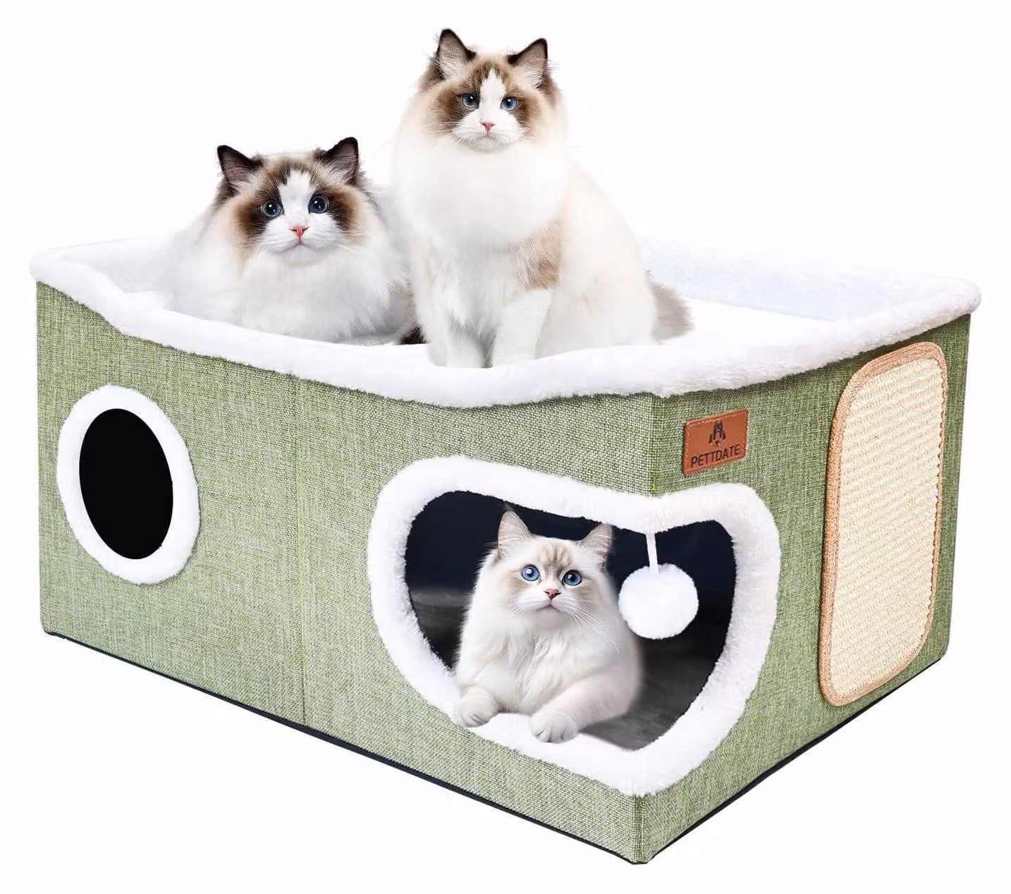 Casa per gatti da interno, a 2 piani, con tiragraffi e pallina giocattolo, colore verde, dimensioni 60x43x32 cm