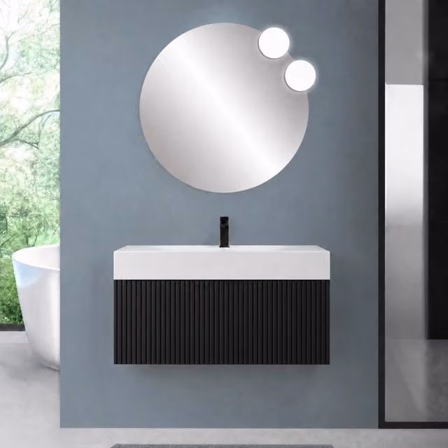 Mobile bagno sospeso 100 cm nero opaco con un cassetto e lavabo alto in resina Nara