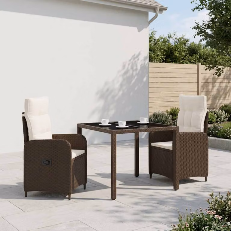 Set da pranzo per esterni vidaXL in polyrattan marrone e bianco crema con tavolo in vetro e 3 sedie moderne per giardino e terrazzo