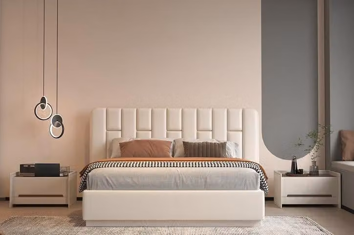 Beiges Schlafzimmer Bett Stilvolle Polsterbetten Designer Textilbett