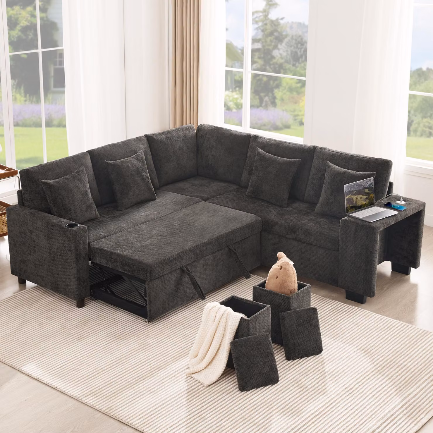 Divano letto estraibile a L Merax, divano angolare con funzione letto, vano portaoggetti, porta USB, portabevande, cuscini, divano letto per soggiorno e home cinema, grigio