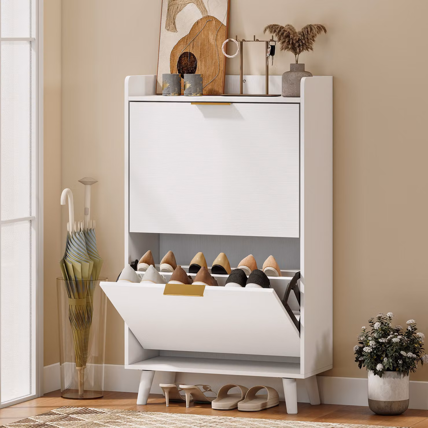 Scarpiera stretta HOMCOM con 2 cassetti ribaltabili e ripiani regolabili per 12 paia, Bianco, L: 70 cm, P: 30 cm, H: 120 cm – 2