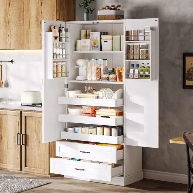 Armadio alto da cucina con 2 ante, ripiani porta e 3 piani estraibili + cassetti, per cucina, sala da pranzo e soggiorno
