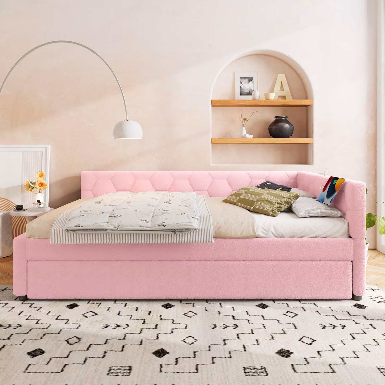 okwish daybed 140x200, divano letto con rete a doghe, daybed con letto estraibile e lampada da comodino, letto per ragazzi con connessione USB e tipo C, senza materasso, rosa