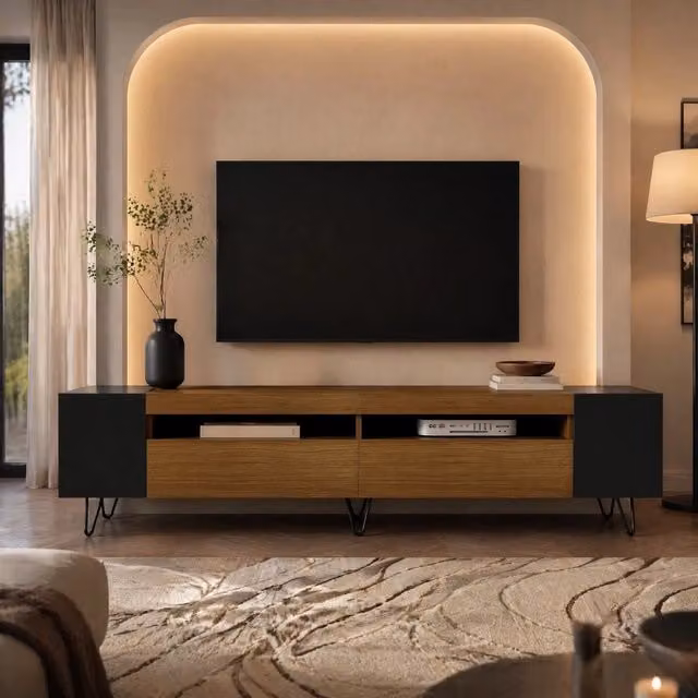 Mobile porta TV 180 cm con 2 ante; vani aperti e passacavi; MDF e truciolare; nero/effetto legno