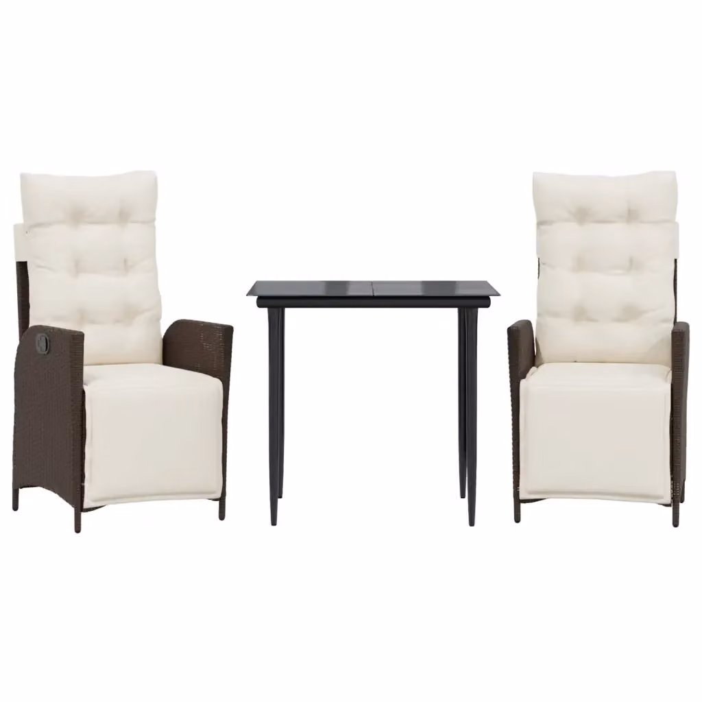 Set da Pranzo da Giardino 3pz vidaXL in Polyrattan Marrone con Piano in Vetro e Cuscini – 2