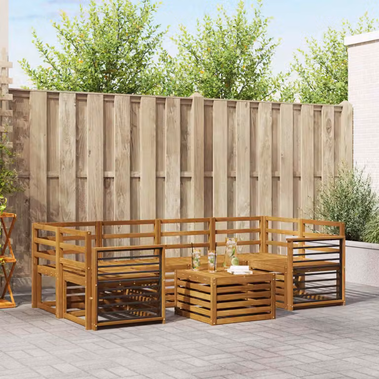 vidaXL Set di divani da esterno 7 pz in legno di acacia massello marrone con cuscini e tavolino da caffè