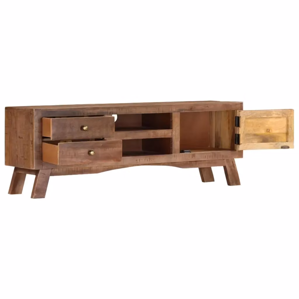 Mobile TV in legno di mango grezzo marrone e grigio, design classico, L 110 cm x P 30 cm x H 40 cm – 2
