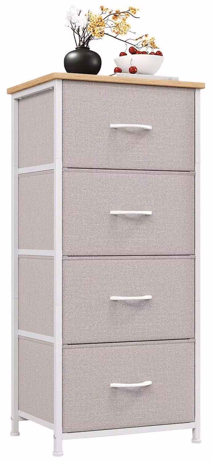 Comodino con 4 cassetti rivestiti in tessuto, colore grigio cenere, dimensioni 30T x 42B x 93H cm