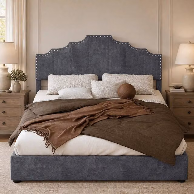 Letto imbottito 140x200 cm con testiera geometrica in velluto grigio