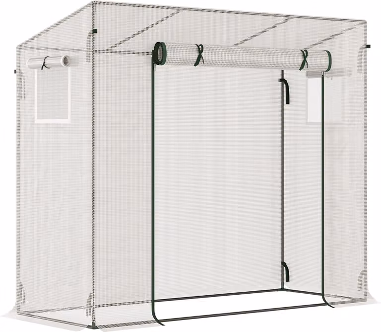 Serra Outsunny, serra a film, serra con porta a rullo, casa per pomodori con finestra laterale, casa per piante da giardino antivento, in acciaio, PE, bianco, 200 x 68 x 196 cm