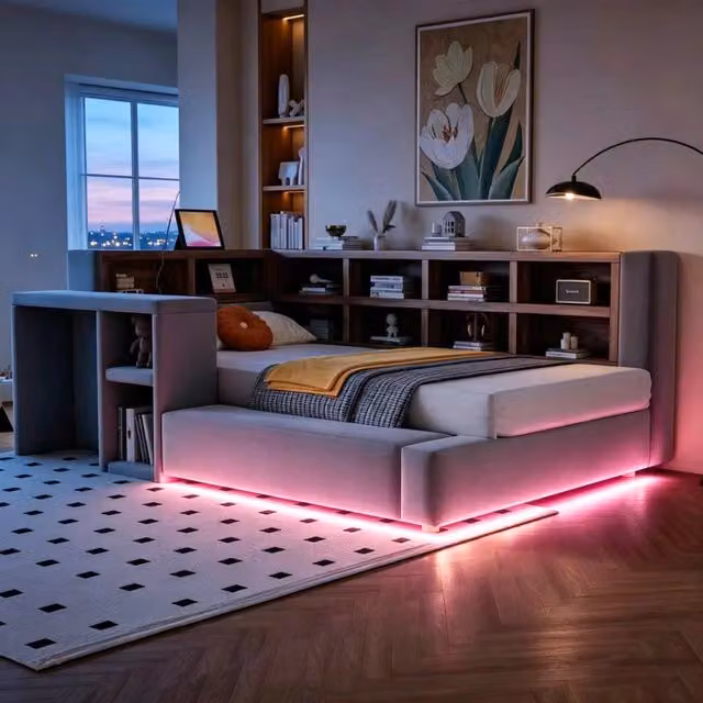 Letto singolo imbottito 90×200 cm con mensole, prese, LED regolabile e tavolino, senza materasso, grigio scuro